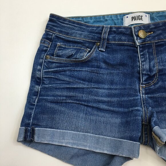 PAIGE Medium Wash 5 Pocket Logo Hardware JIMMY JIMMY Cuffed Hem Denim Shorts - Picture 5 of 9